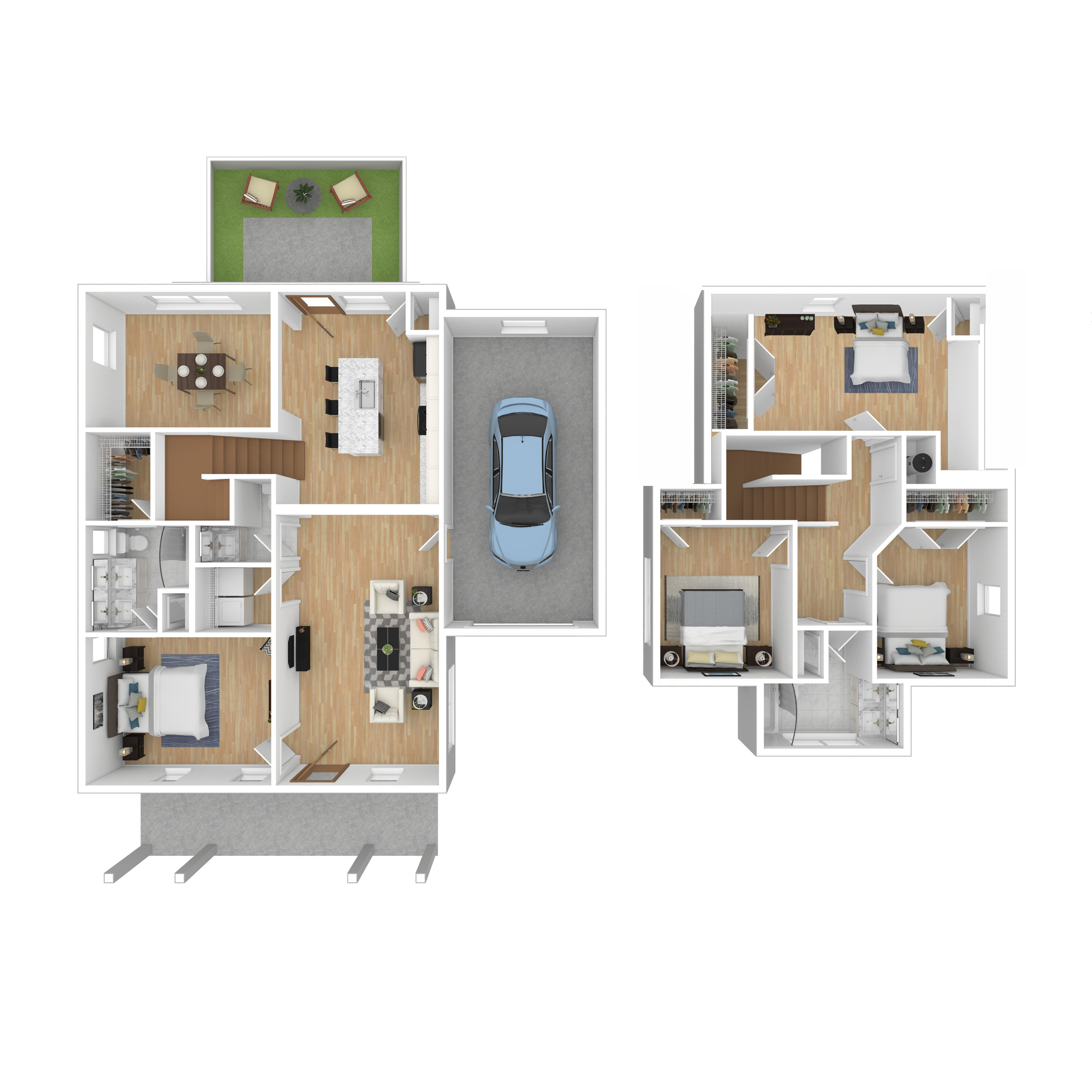 Beautiful 3D floor plan showcasing a stylish two-story home with three bedrooms, a modern open-concept living area, and an attached garage. Features include a chic dining area, cozy living room, and a lush outdoor patio.