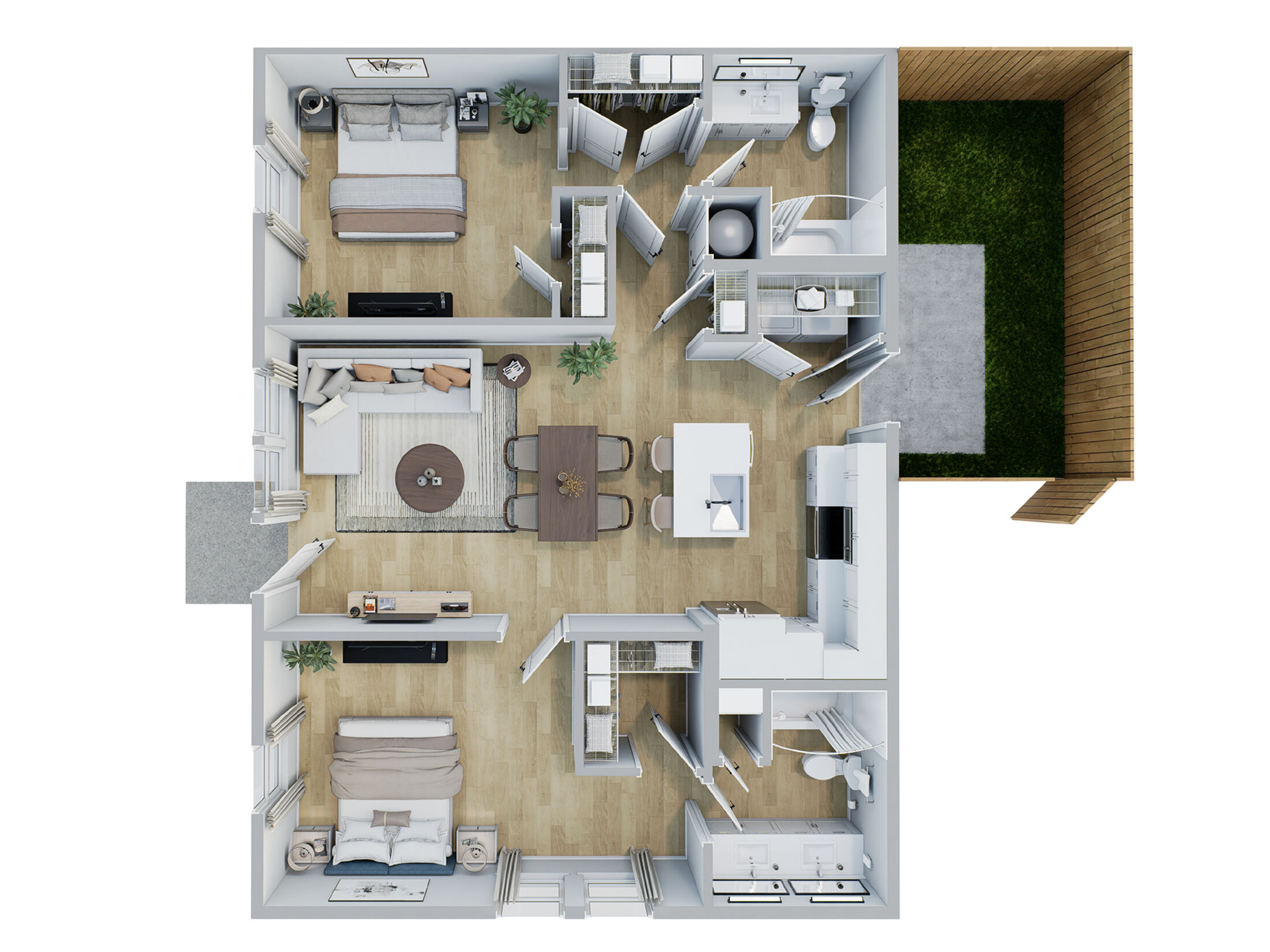 Modern open-layout floor plan featuring 2 bedrooms, spacious living area, sleek kitchen, and a private patio with garden view.