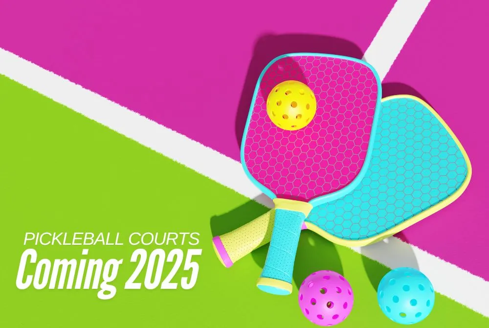 Vibrant pickleball paddles and balls on colorful court announcing new courts in 2025.