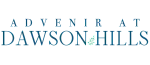 Advenir at Dawson Hills logo featuring elegant blue text with a leaf design.
