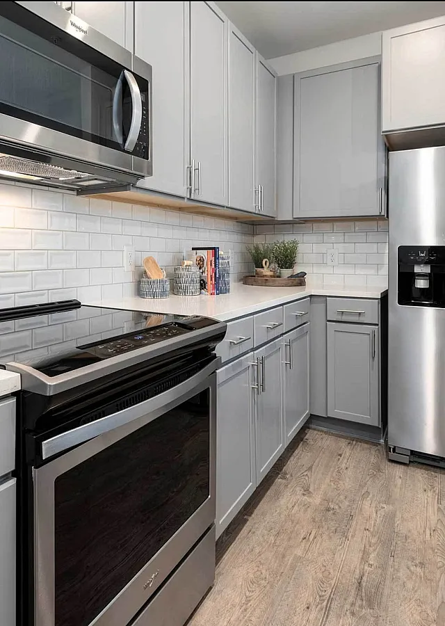 Sleek modern kitchen with stainless steel appliances and gray cabinetry