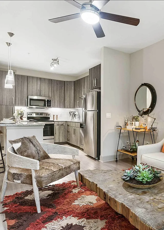 Contemporary open-plan living room and kitchen with stylish decor and comfortable seating.