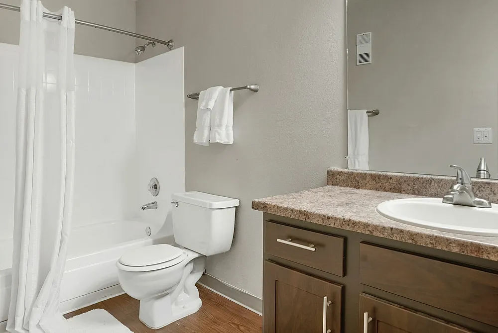 Elegant bathroom with granite countertop and shower in modern apartment.