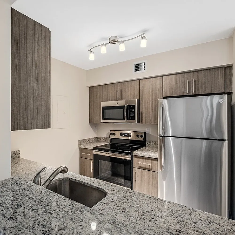 Sleek modern kitchen with stainless steel appliances and granite countertops.