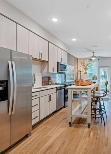 Sleek modern kitchen with stainless steel appliances, a central island, and inviting natural light.