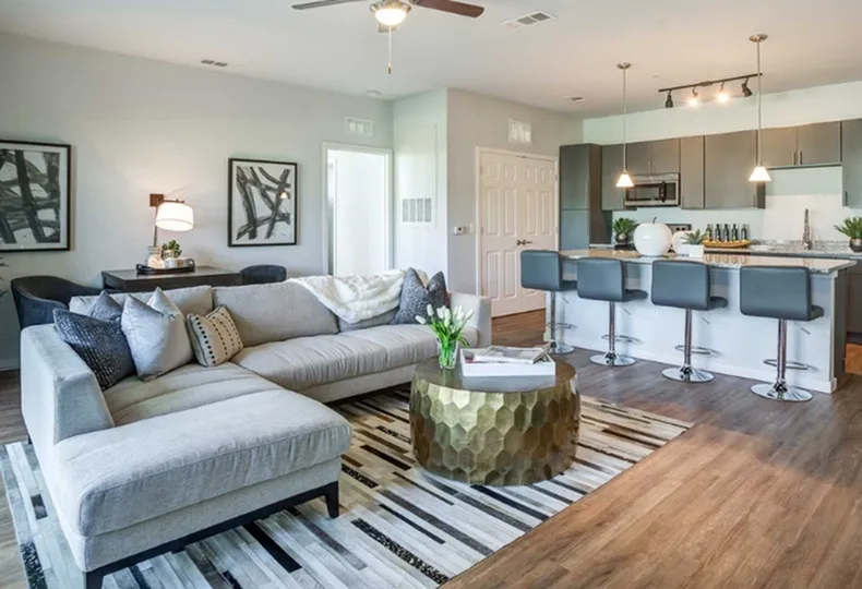 Contemporary apartment interior with a spacious living room, stylish kitchen, and modern decor.