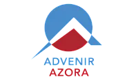 Modern logo design featuring a dynamic blue and red geometric pattern with text 'ADVENIR AZORA'.