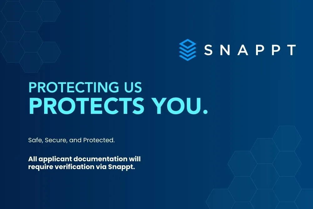 Dynamic promotional graphic by Snappt highlighting secure and protected applicant documentation verification.