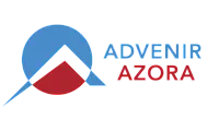 Modern logo design featuring a dynamic blue and red geometric emblem next to the text 'Advenir Azora'.