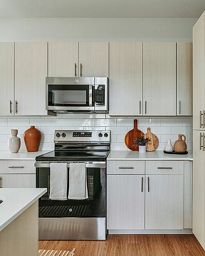 Modern kitchen with stainless steel appliances, sleek cabinetry, and stylish decor, creating an inviting and functional space.