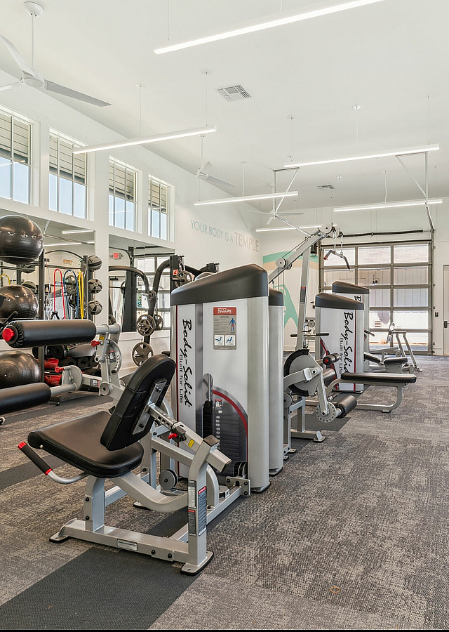 Spacious and modern gym featuring state-of-the-art fitness equipment, treadmills, and weight machines in a bright and inviting space.