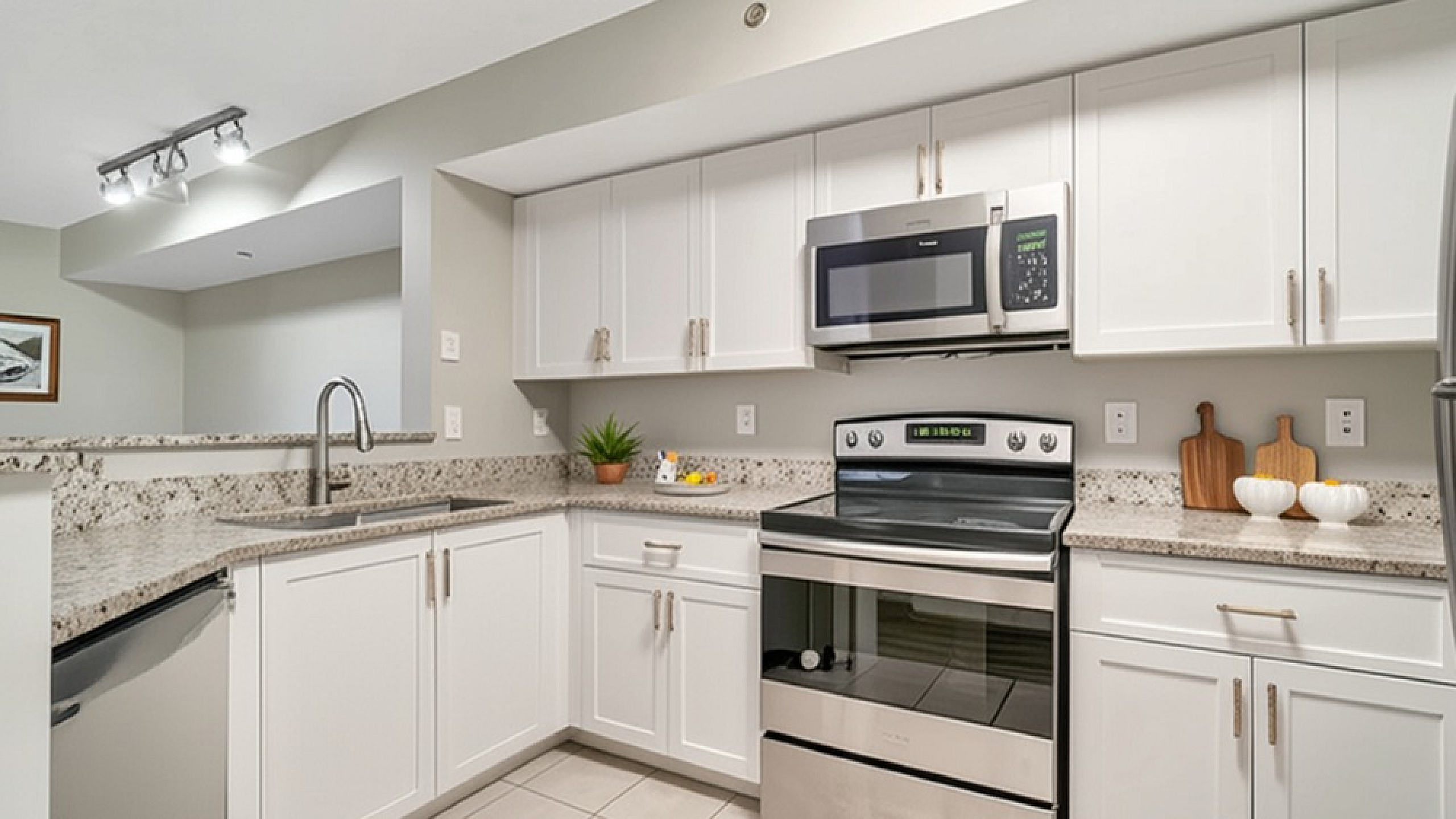Modern kitchen with sleek stainless steel appliances, elegant granite countertops, and stylish white cabinetry.