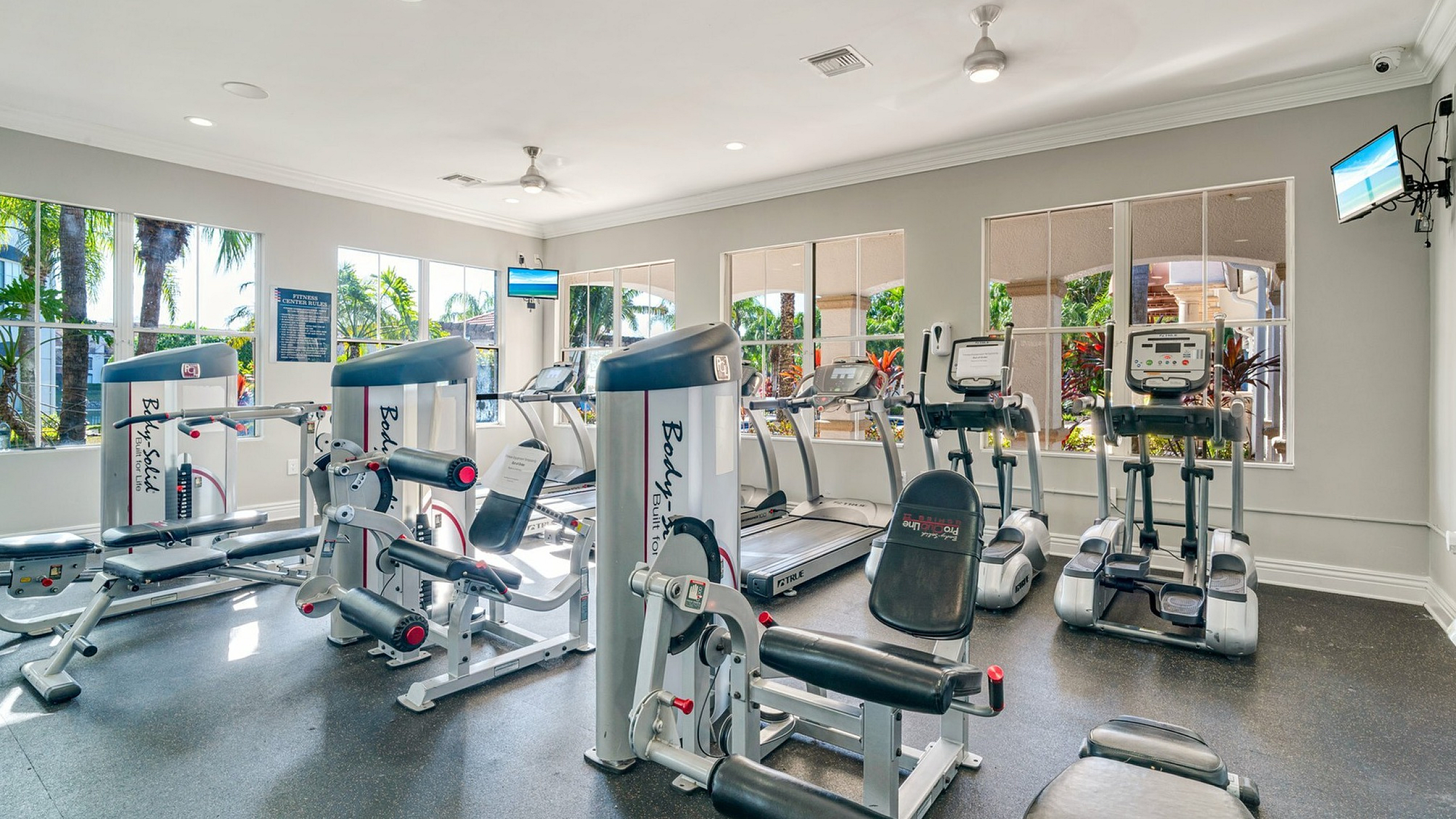 Bright, modern gym with top-tier fitness equipment, ample natural light, and lush garden views.