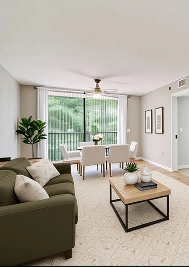 Inviting living room with a plush sofa, elegant decor, and a bright dining area overlooking lush greenery through expansive windows.
