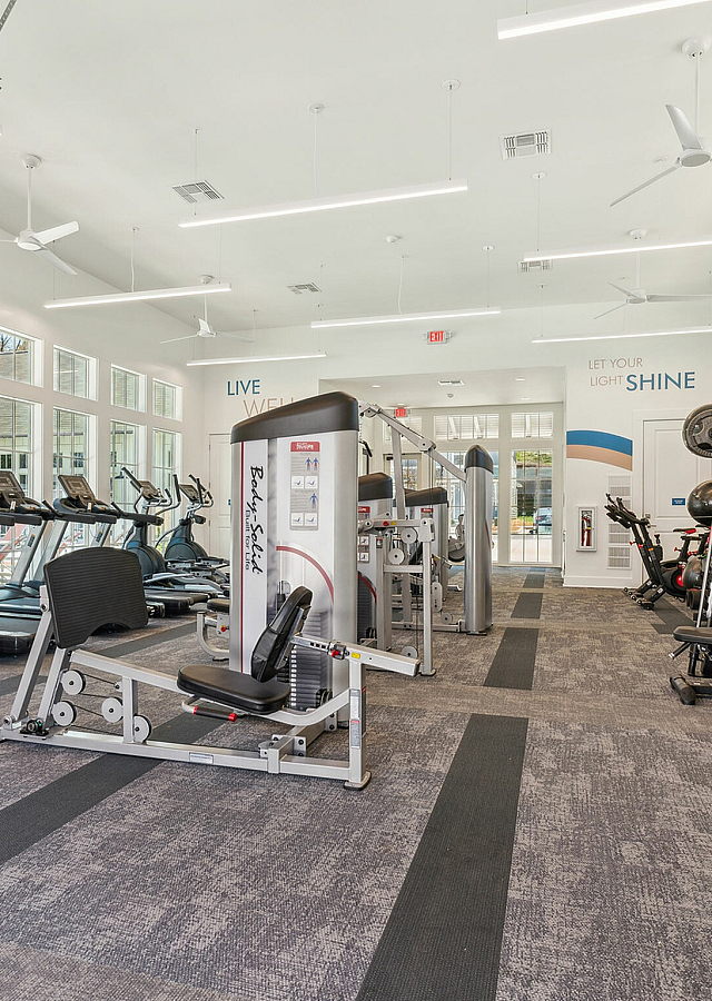 Bright and modern gym space with state-of-the-art fitness equipment, featuring treadmills, weight machines, and large windows for natural light.