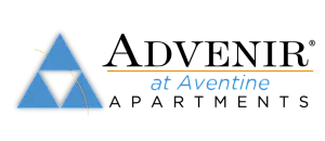 Advenir at Aventine Apartments logo with a blue geometric design and elegant typography.