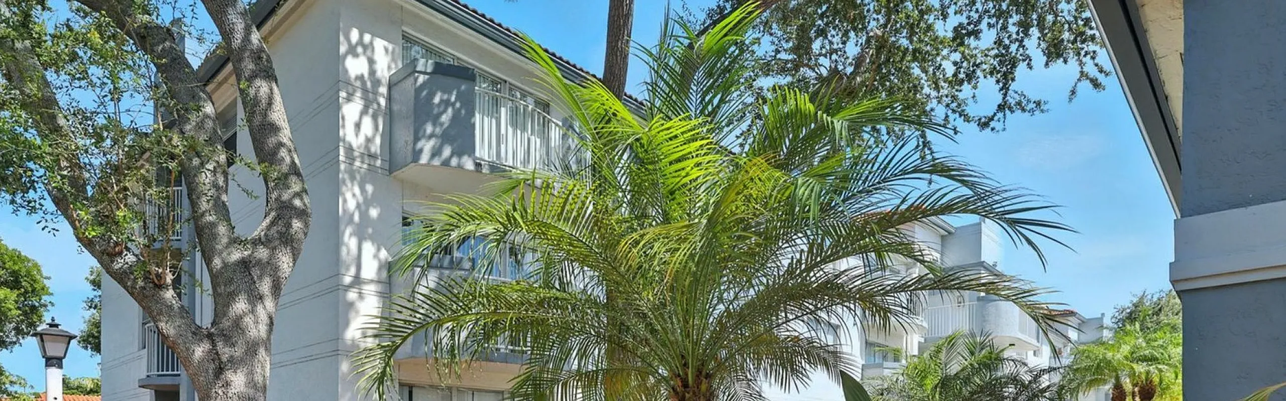 Charming apartment exterior with lush green landscaping, palm trees, and manicured shrubs, offering a tropical oasis atmosphere.