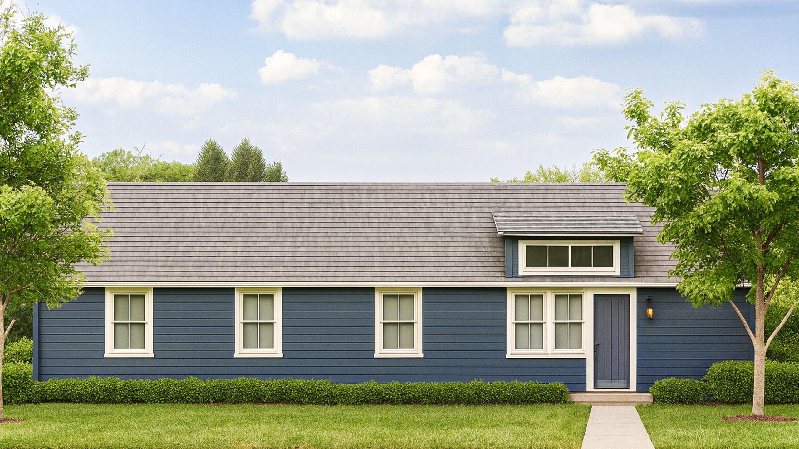 Charming blue single-story home with a neatly manicured lawn, surrounded by lush greenery and trees, under a bright and serene sky.