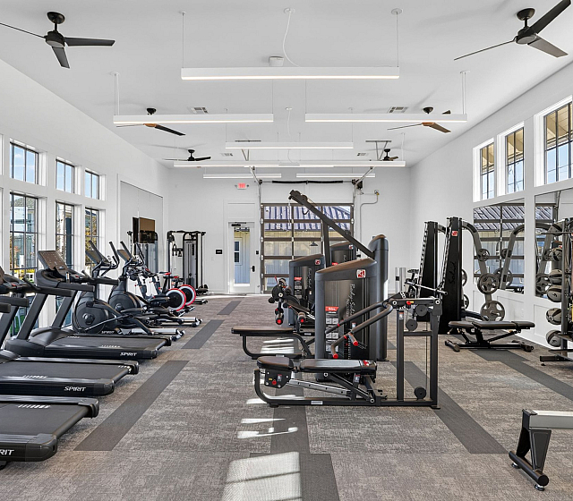Bright and modern fitness center featuring state-of-the-art cardio machines and strength training equipment, set in a spacious, sunlight-filled room with expansive windows.