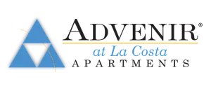 Advenir at La Costa Apartments logo showcasing a modern triangular design with blue and black accents.