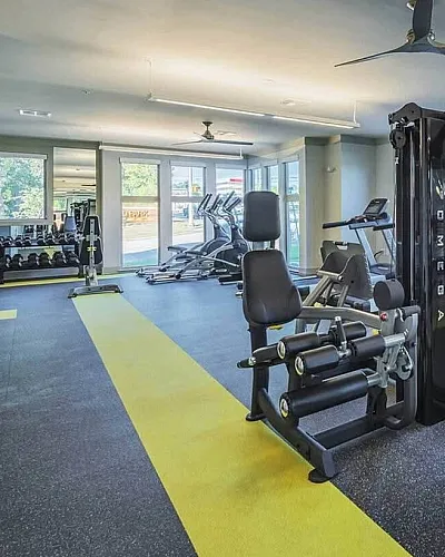 Modern apartment gym with advanced fitness equipment, ample natural light, and stylish design.