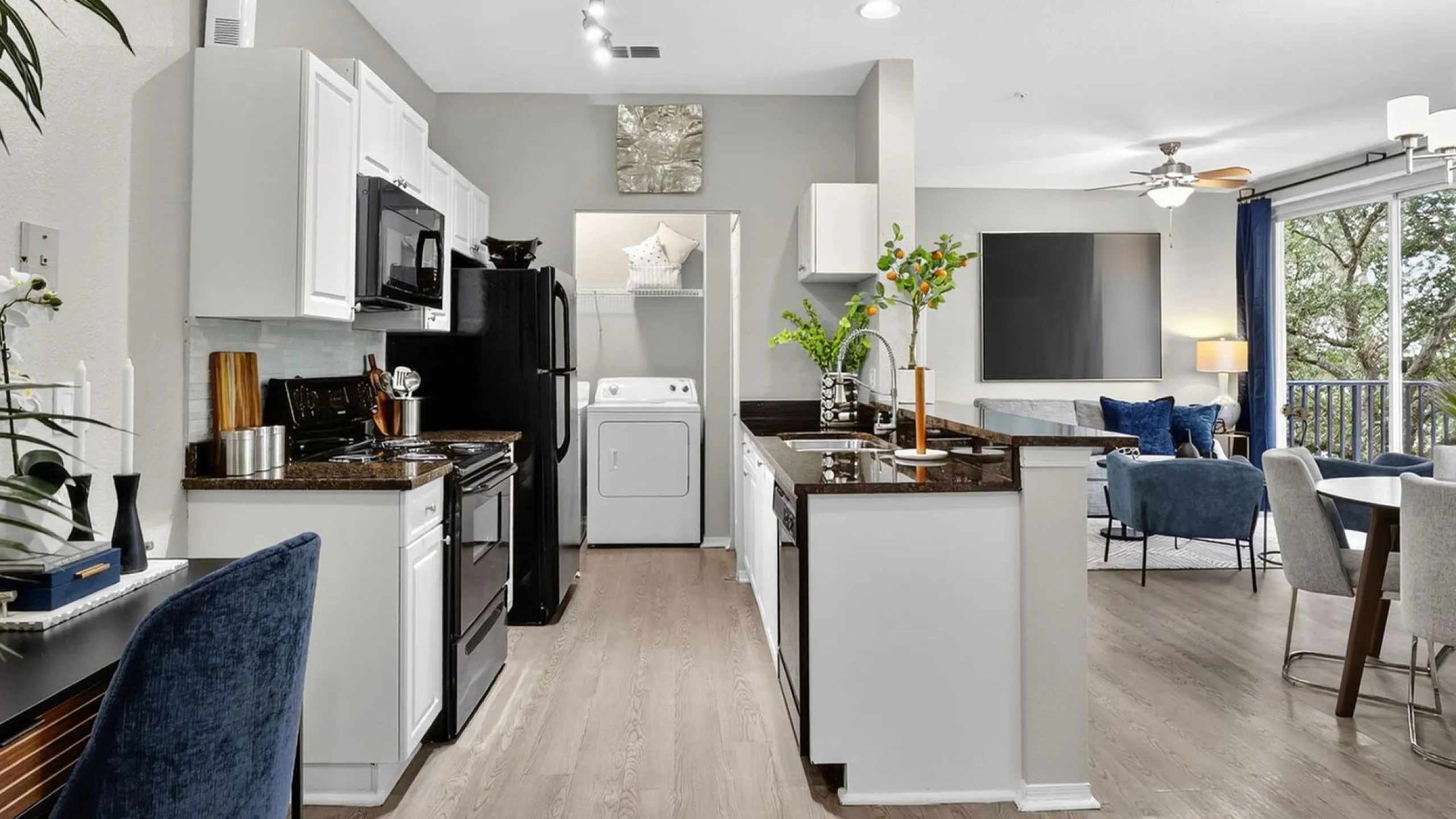 Elegant open-concept apartment featuring a modern kitchen, cozy living area, sleek dining space, and stunning outdoor view.