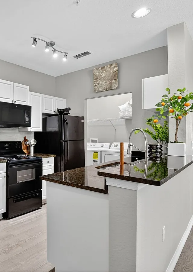 Modern kitchen with sleek black appliances, a stylish workspace, and in-unit laundry, offering convenient living.