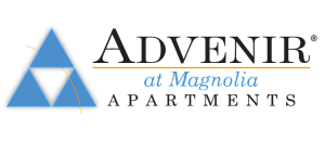 Contemporary logo for Advenir at Magnolia Apartments, featuring a stylish blue and black triangle design.