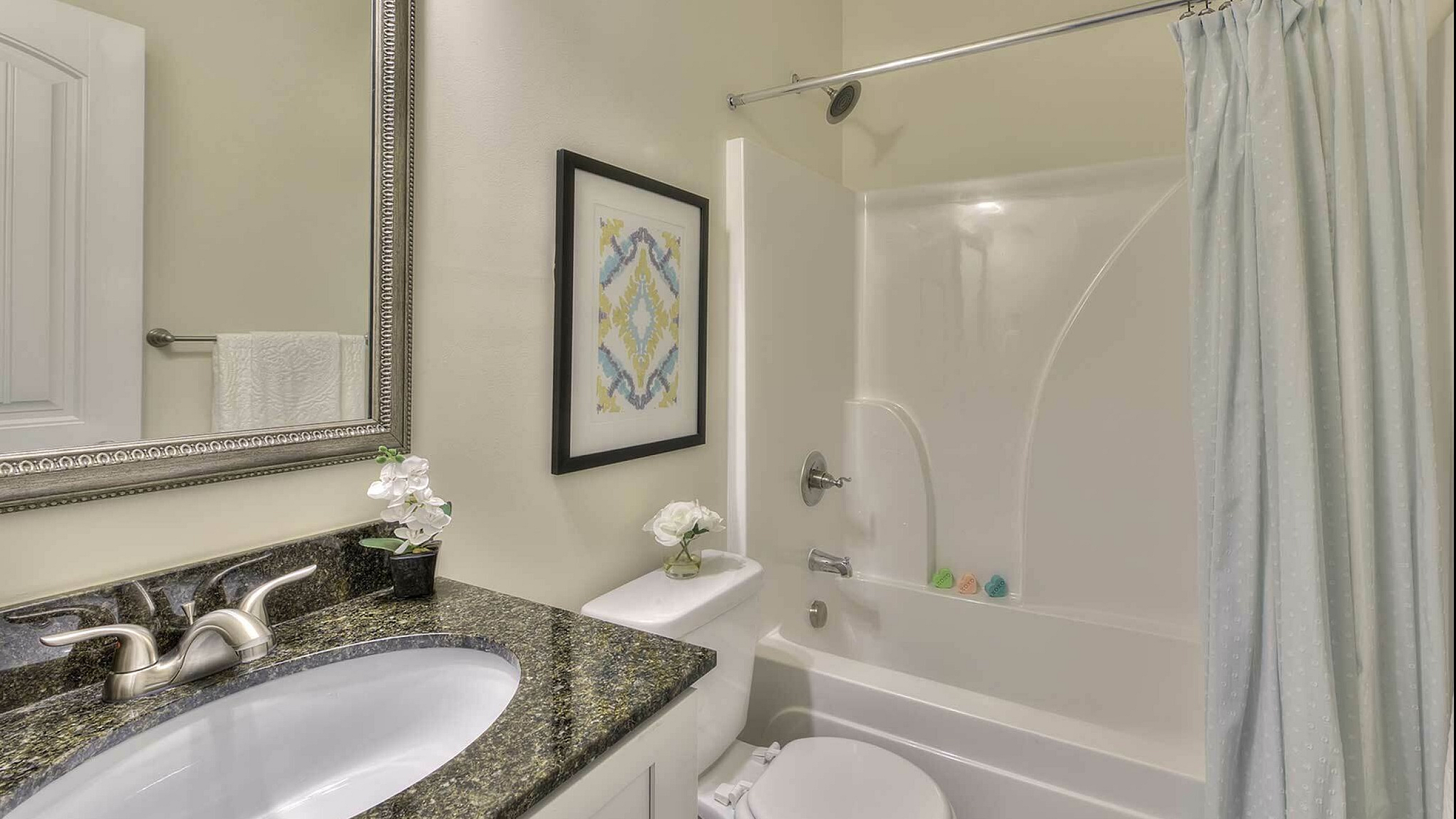 Elegant bathroom with granite countertop, sleek fixtures, and a modern tub-shower combo.