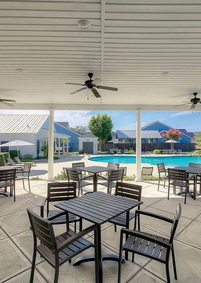 Charming covered patio with ceiling fans overlooking a sparkling pool surrounded by lush greenery and modern seating area.