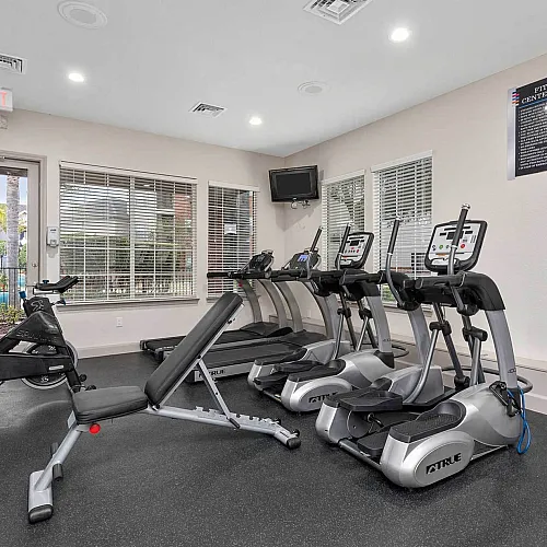 Modern apartment gym equipped with dumbbells, exercise bikes, and treadmills in a bright, inviting space.
