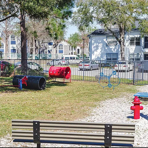 Charming community dog park with agility equipment, surrounded by scenic greenery and modern apartment buildings.