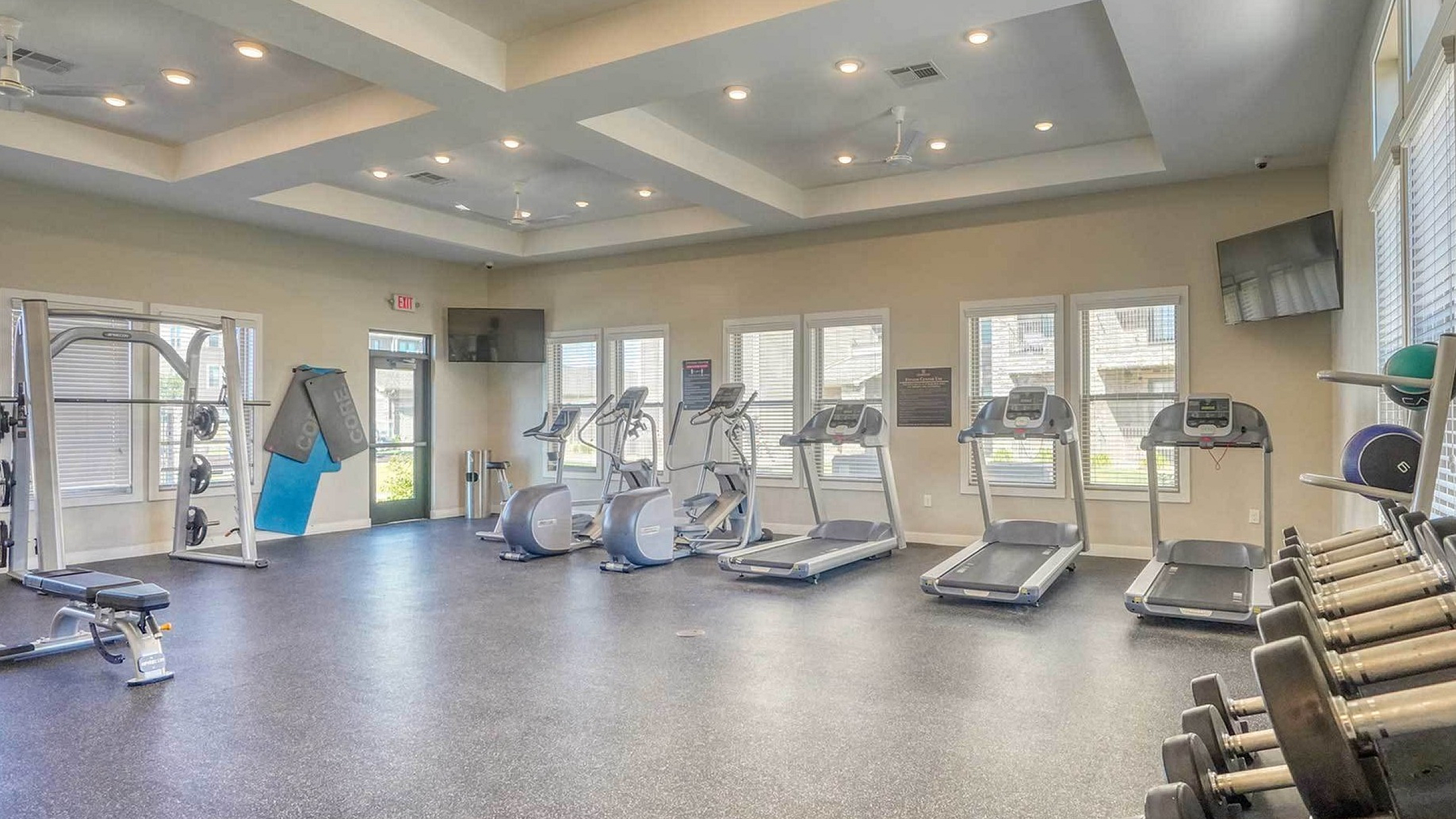 Bright and modern fitness center featuring treadmills, ellipticals, free weights, and ample natural light.