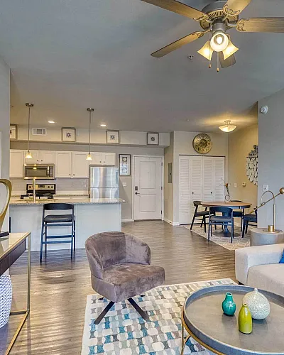 Modern apartment living room with elegant decor, plush seating, open kitchen layout, and stylish lighting creating a warm and inviting atmosphere.