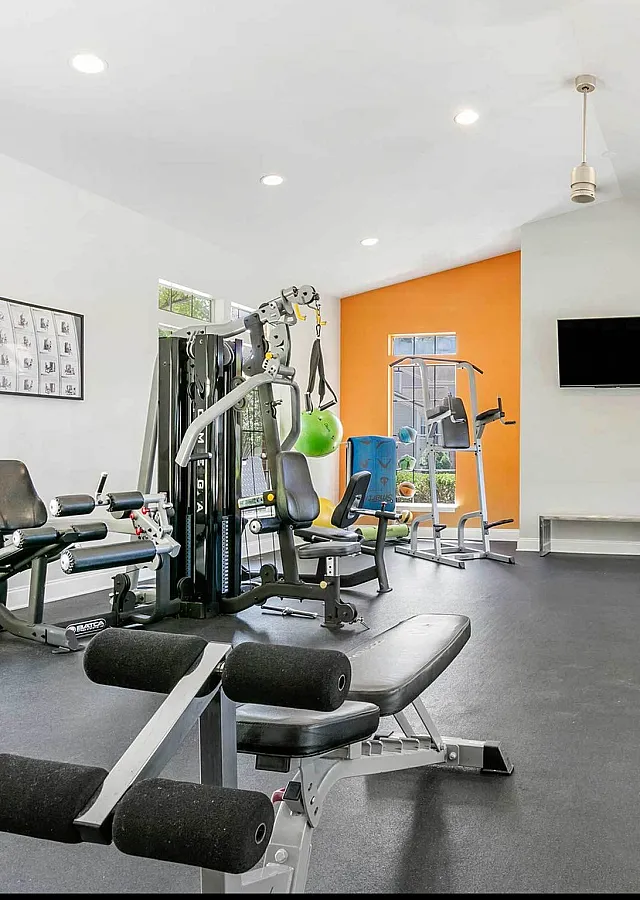 Vibrant fitness center with modern gym equipment, including treadmills and weight machines, set against an energizing orange accent wall.