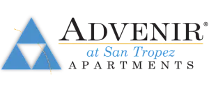 Advenir at San Tropez Apartments logo featuring a modern triangular design with blue accents.