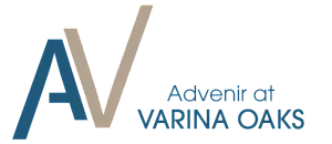 Modern logo design for Advenir at Varina Oaks, showcasing sleek typography in blue and beige tones.