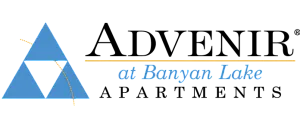 Advenir at Banyan Lake Apartments logo with a distinctive blue triangle design.