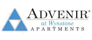 Advenir at Wynstone Apartments logo featuring a modern blue and black geometric design, representing stylish urban living.