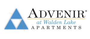 Logo of Advenir at Walden Lake Apartments featuring a stylish blue triangle design with modern typography.