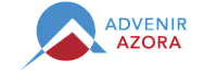 Modern logo with a stylized circle and triangle design, featuring blue and red elements with the text 'ADVENIR AZORA' in bold letters.