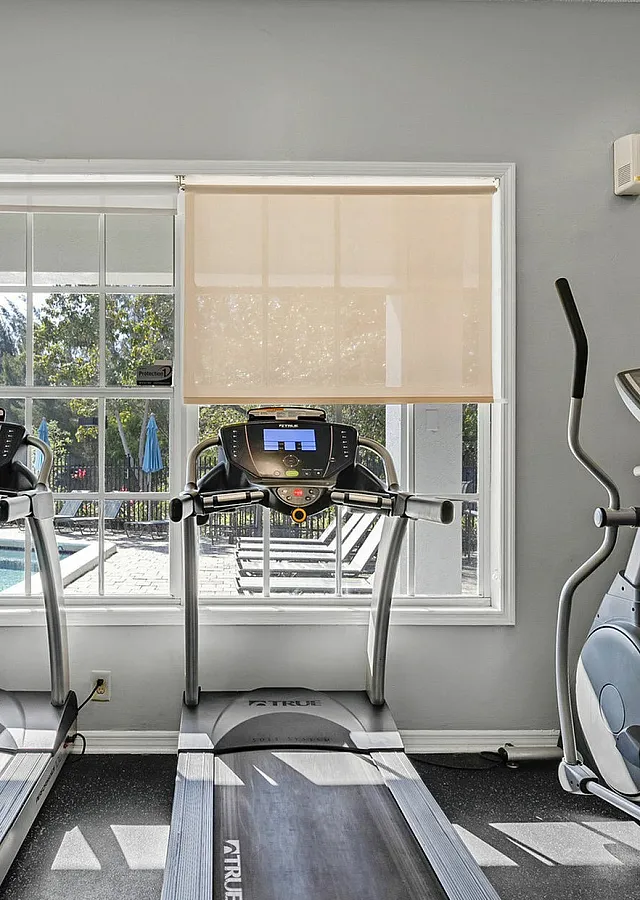 Bright and modern gym area featuring two treadmills and an elliptical machine with a scenic pool view through large windows.