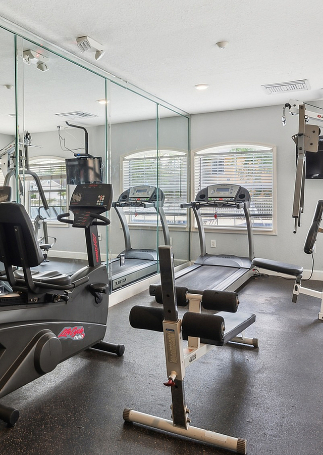 Modern fitness center with state-of-the-art exercise equipment, featuring mirrored walls and natural lighting for an uplifting workout environment.