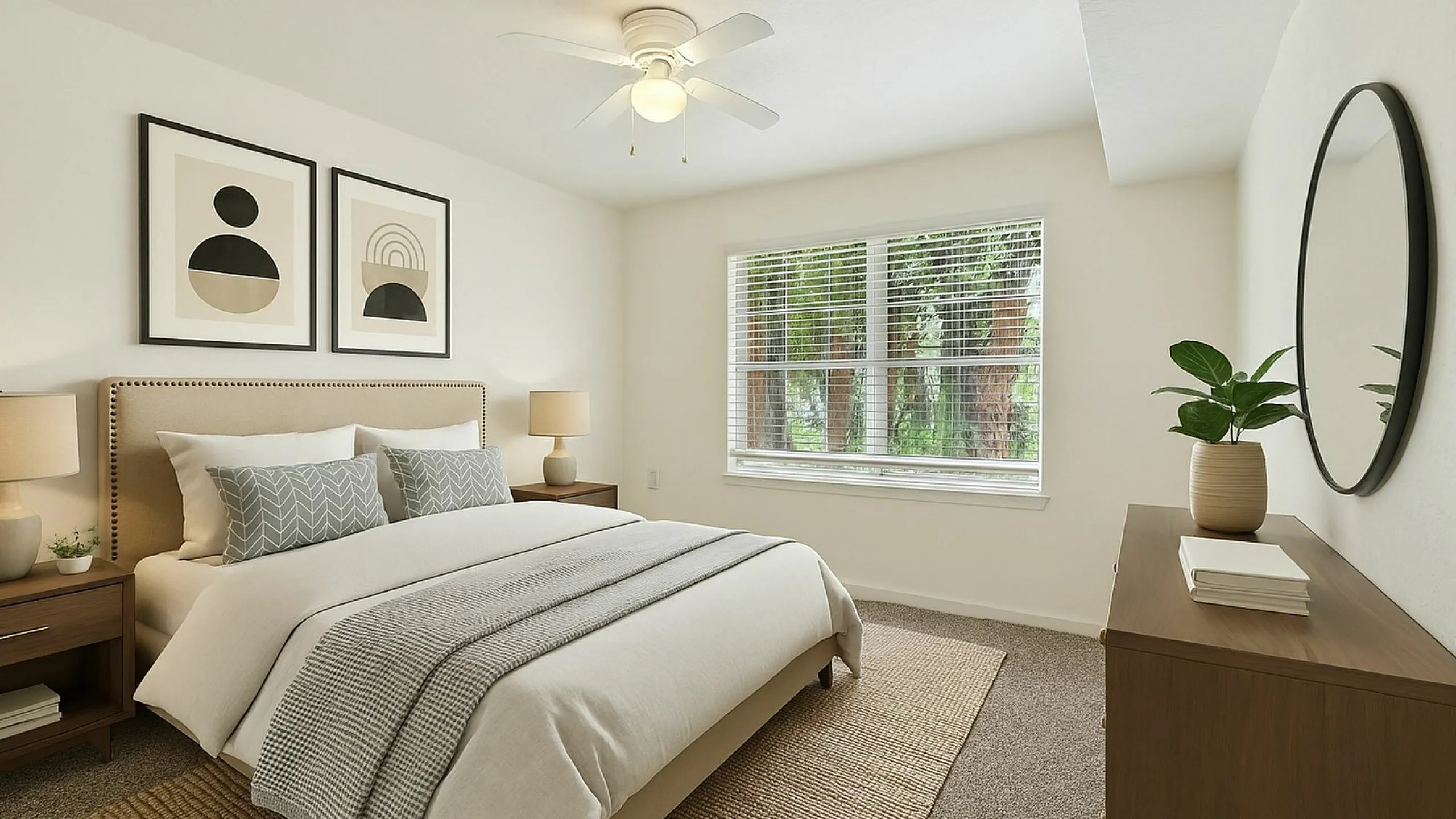 Inviting bedroom with earthy tones, featuring a cozy bed, stylish artwork, and a large window offering natural light.