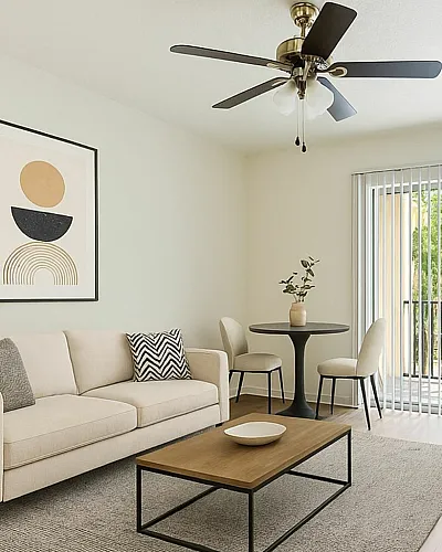 Bright and modern living room with a neutral-toned sofa, chic decor, and large sliding doors leading to a scenic balcony.