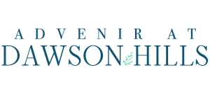 Elegant logo for Advenir at Dawson Hills featuring sophisticated typography and a leafy accent.