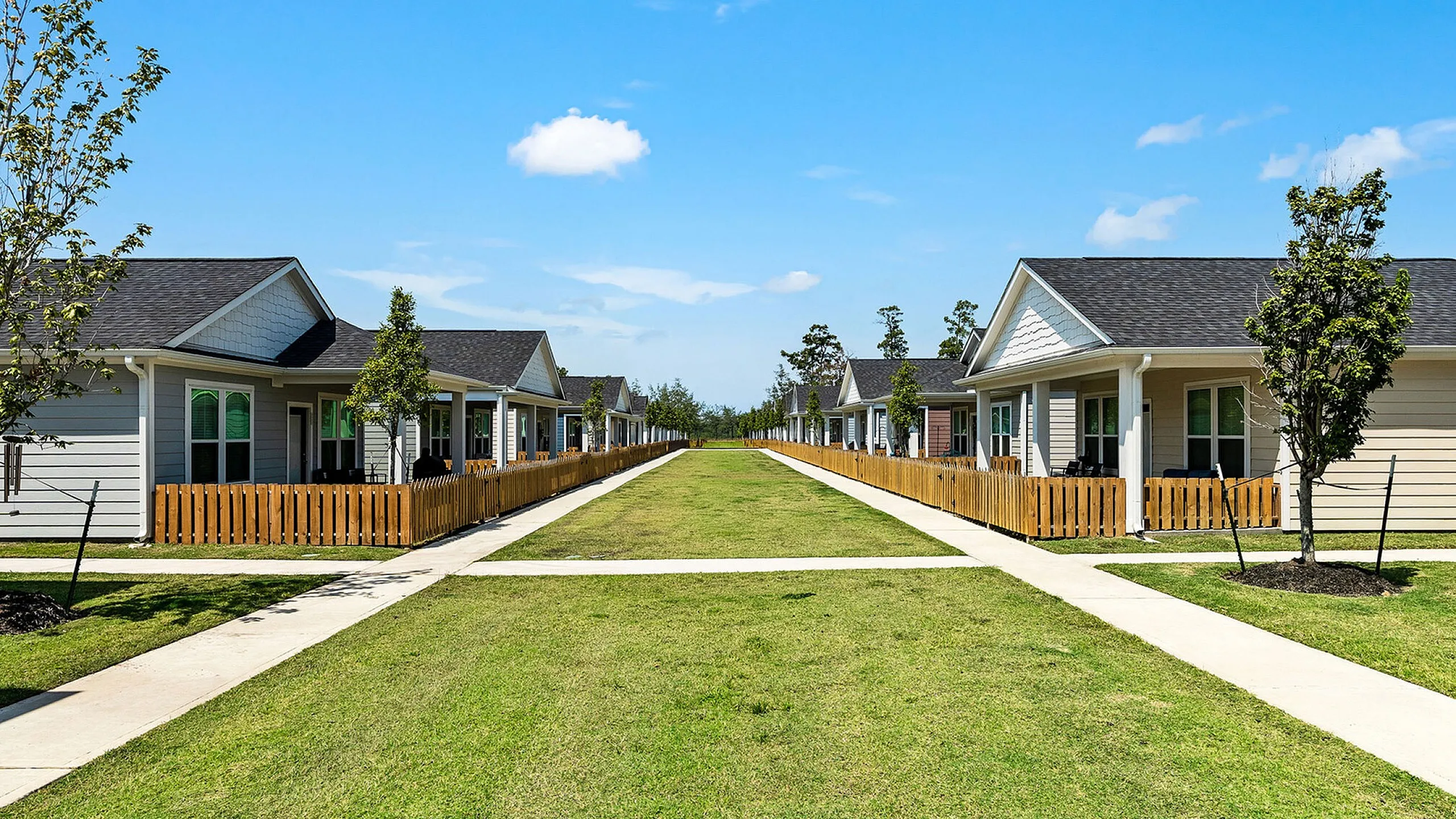Charming row of modern homes with cozy front gardens, bordered by wooden fences, under a clear blue sky.