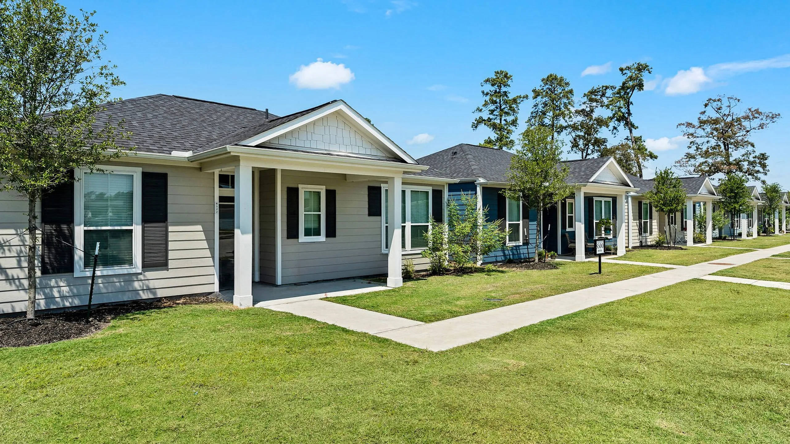 Charming row of single-story homes with quaint front porches, lush lawns, and modern architectural designs under a clear blue sky.