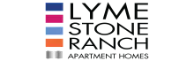 Lyme Stone Ranch Apartment Homes logo with vibrant blue, pink, orange, and silver stripes, showcasing modern and welcoming design.