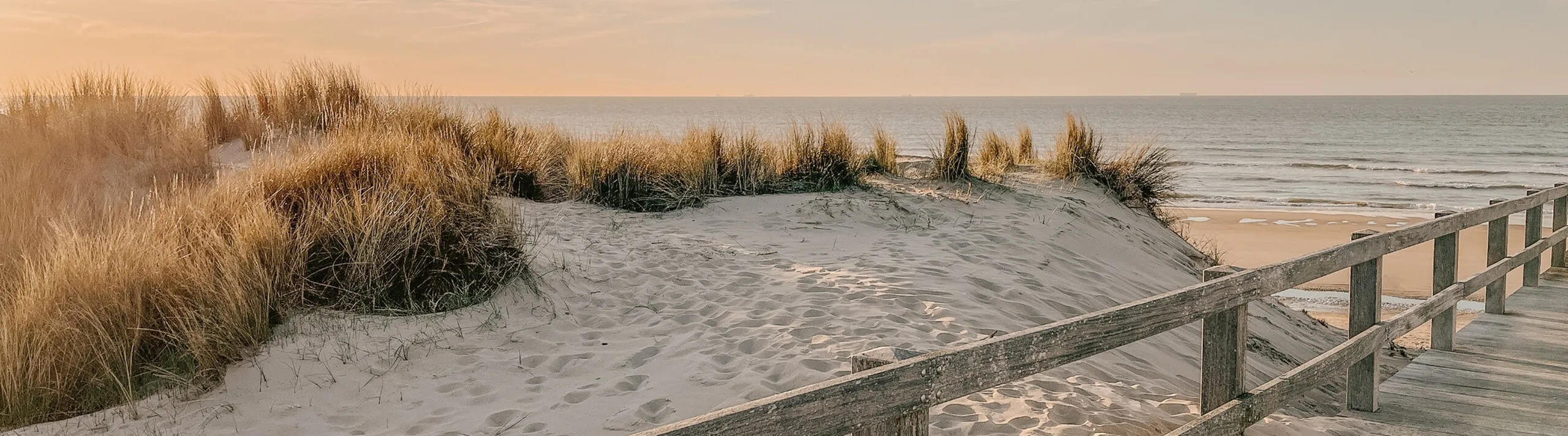 Scenic beach view with a wooden boardwalk, dunes, and golden grass under a serene sunset sky.